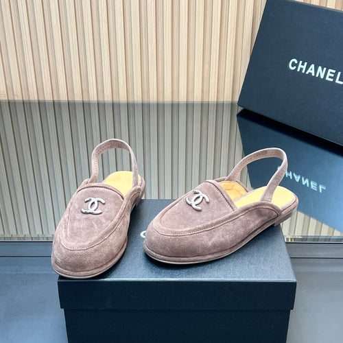 Chanel 25S Back Strap Mule 15mm in Taupe Gray Suede Silver Hardwre