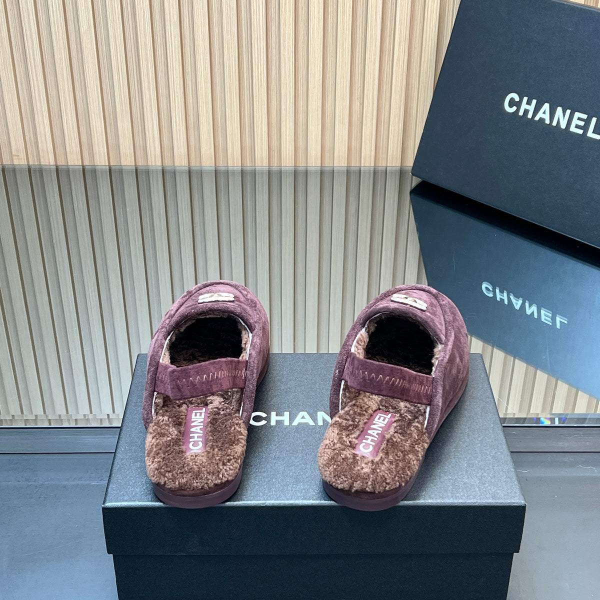 Chanel 25S Back Strap Mule 15mm in Dark Purple Suede and Wool Gold Hardwre