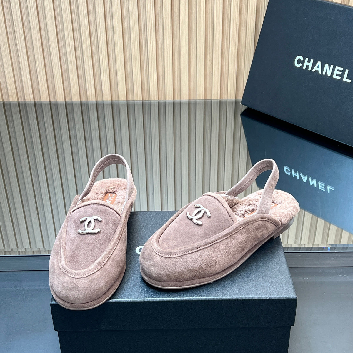 Chanel 25S Back Strap Mule 15mm in Taupe Gray Suede and Wool Silver Hardwre