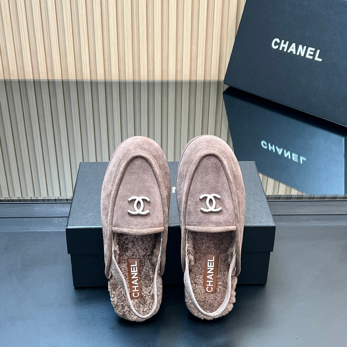 Chanel 25S Back Strap Mule 15mm in Taupe Gray Suede and Wool Silver Hardwre