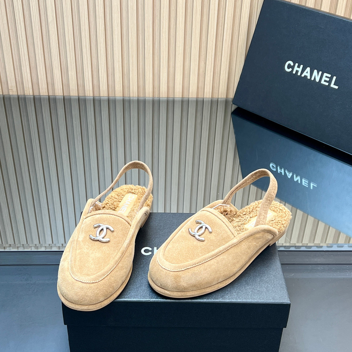 Chanel 25S Back Strap Mule 15mm in Light Brown Suede and Wool Silver Hardwre