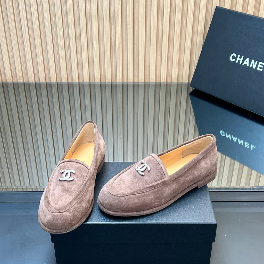 Chanel 25S Teddy Loafer 15mm in Taupe Gray Suede Silver Hardwre