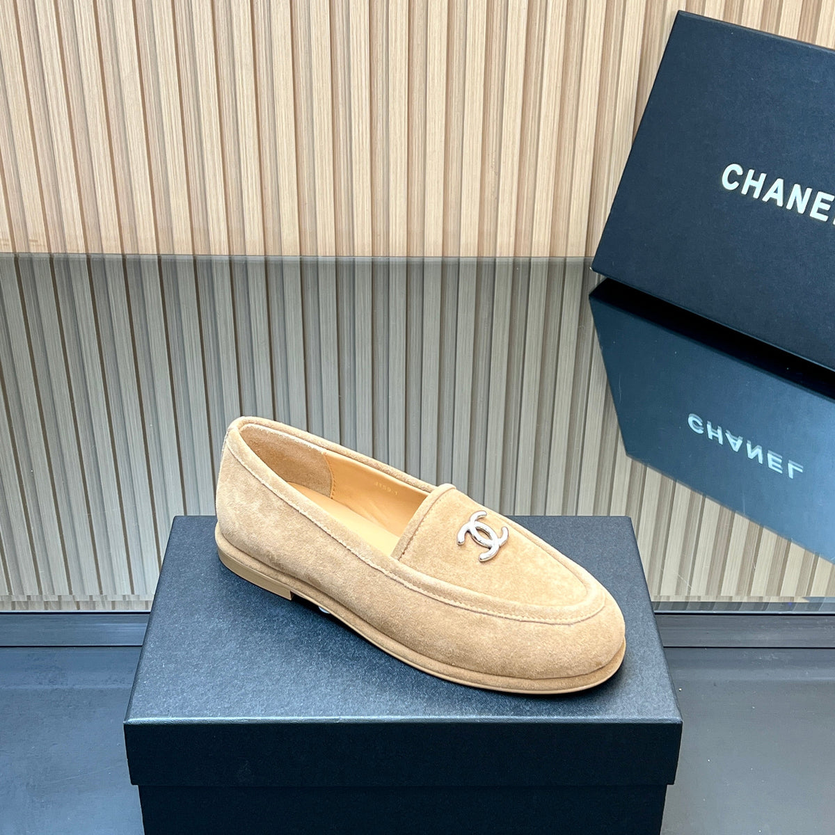 Chanel 25S Teddy Loafer 15mm in Light Brown Suede Silver Hardware