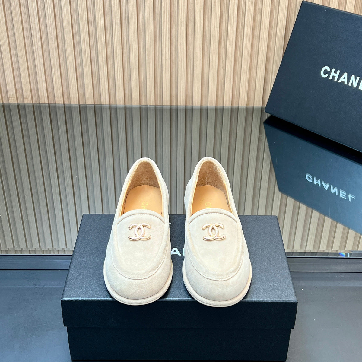 Chanel 25S Teddy Loafer 15mm in Light Beige Suede Gold Hardwre