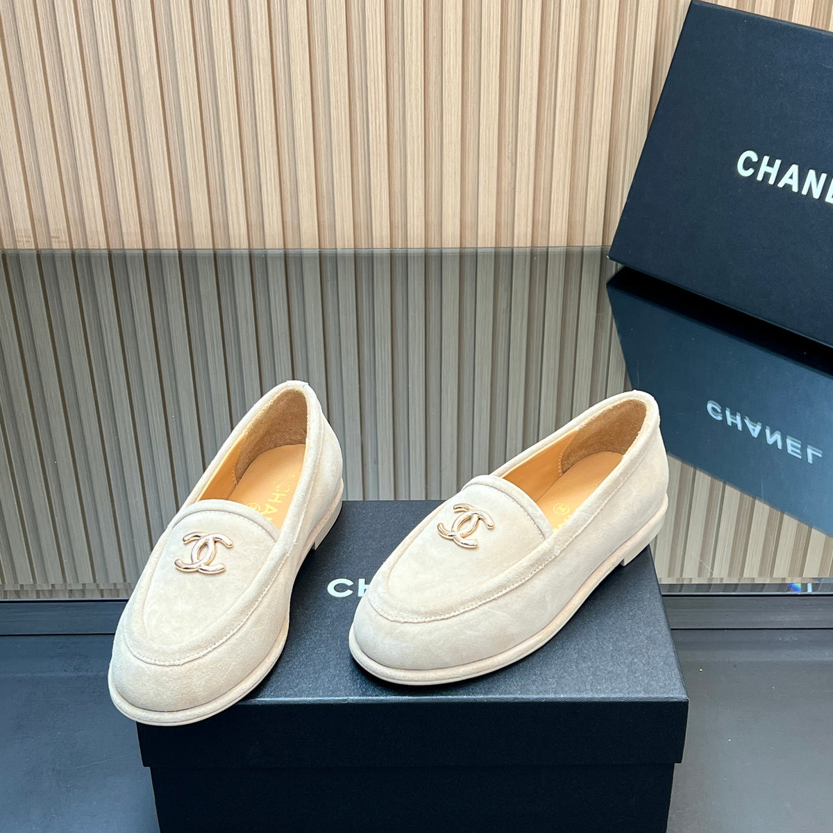 Chanel 25S Teddy Loafer 15mm in Light Beige Suede Gold Hardwre