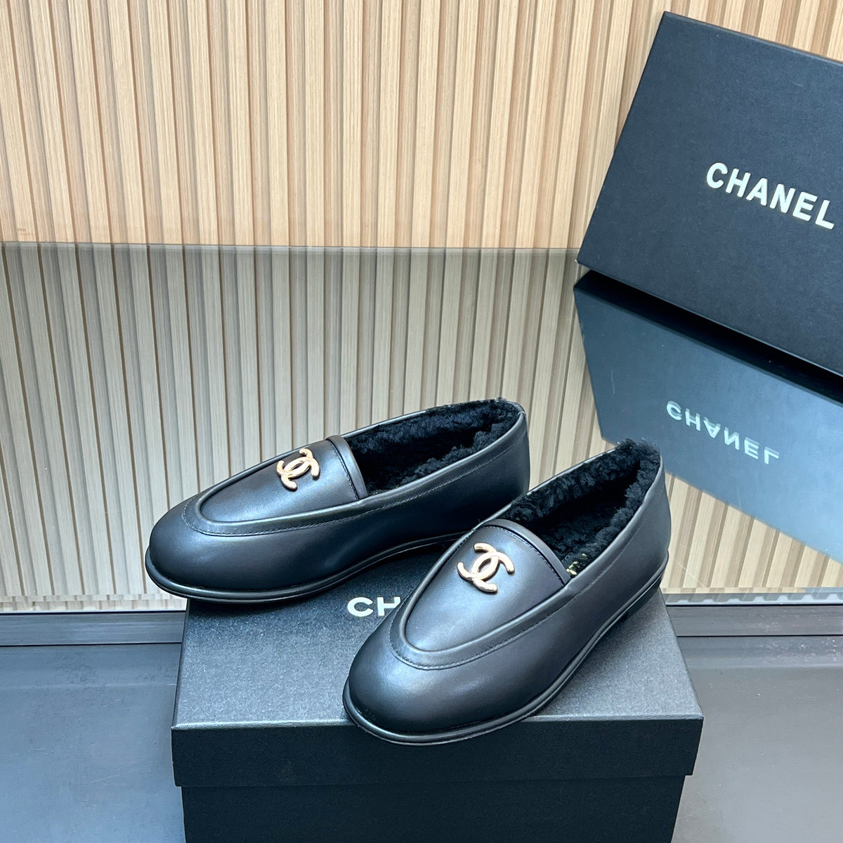 Chanel 25S Mary Jane Ballet Flats in Black Calfskin and Solf Fleece Lining