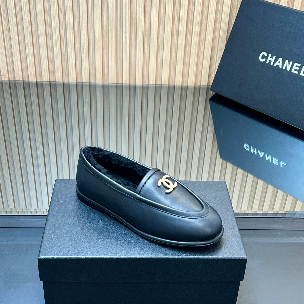 Chanel 25S Mary Jane Ballet Flats in Black Calfskin and Solf Fleece Lining