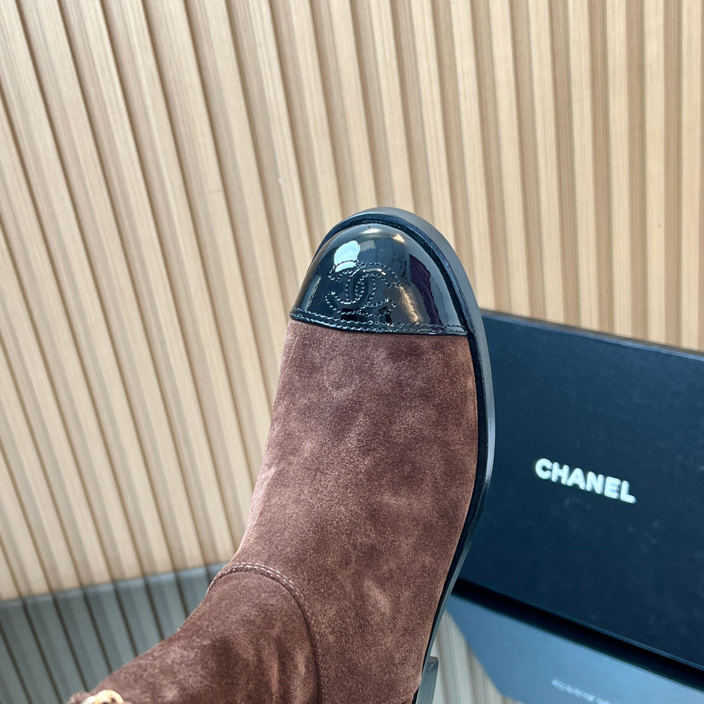 Chanel 25S Short Boots with Chain in Dark Brown Suede
