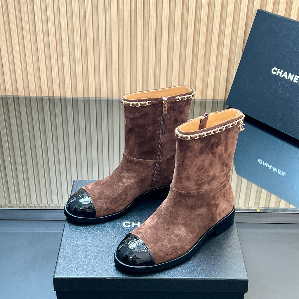 Chanel 25S Short Boots with Chain in Dark Brown Suede
