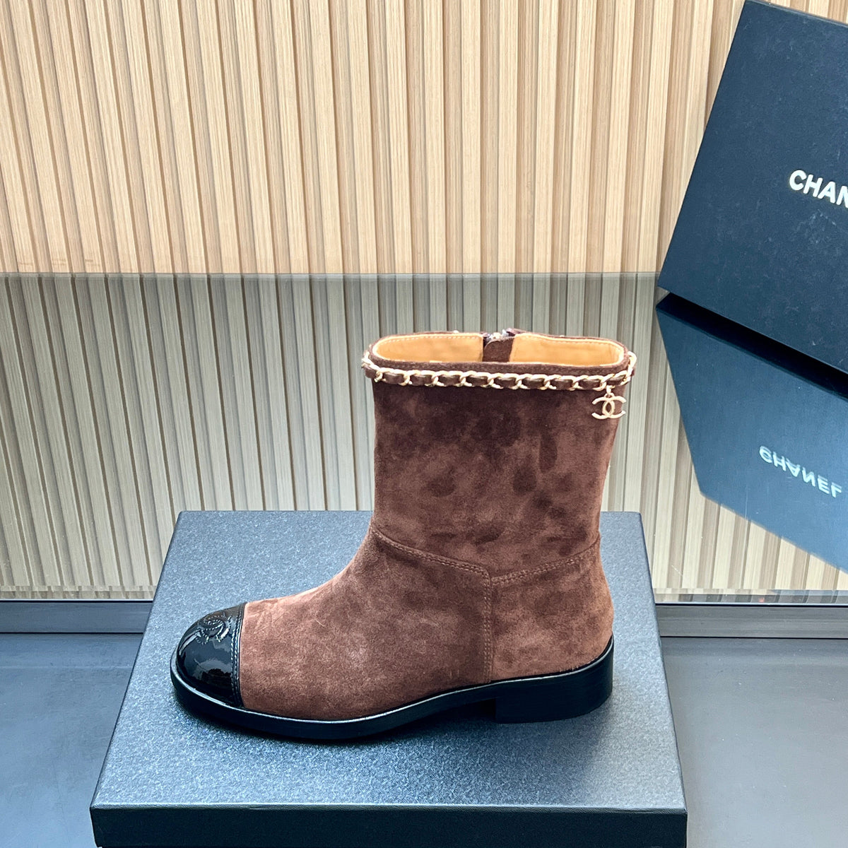Chanel 25S Short Boots with Chain in Dark Brown Suede