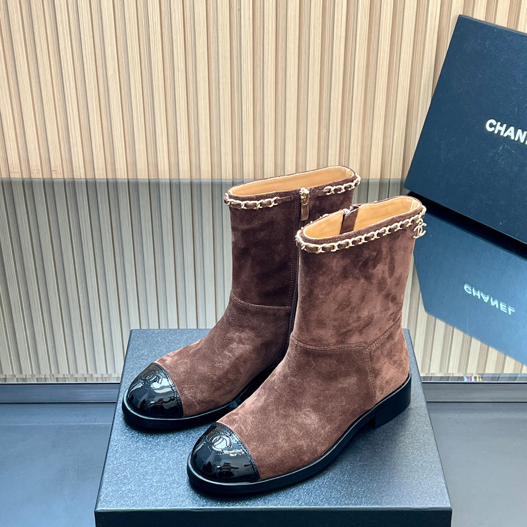 Chanel 25S Short Boots with Chain in Dark Brown Suede