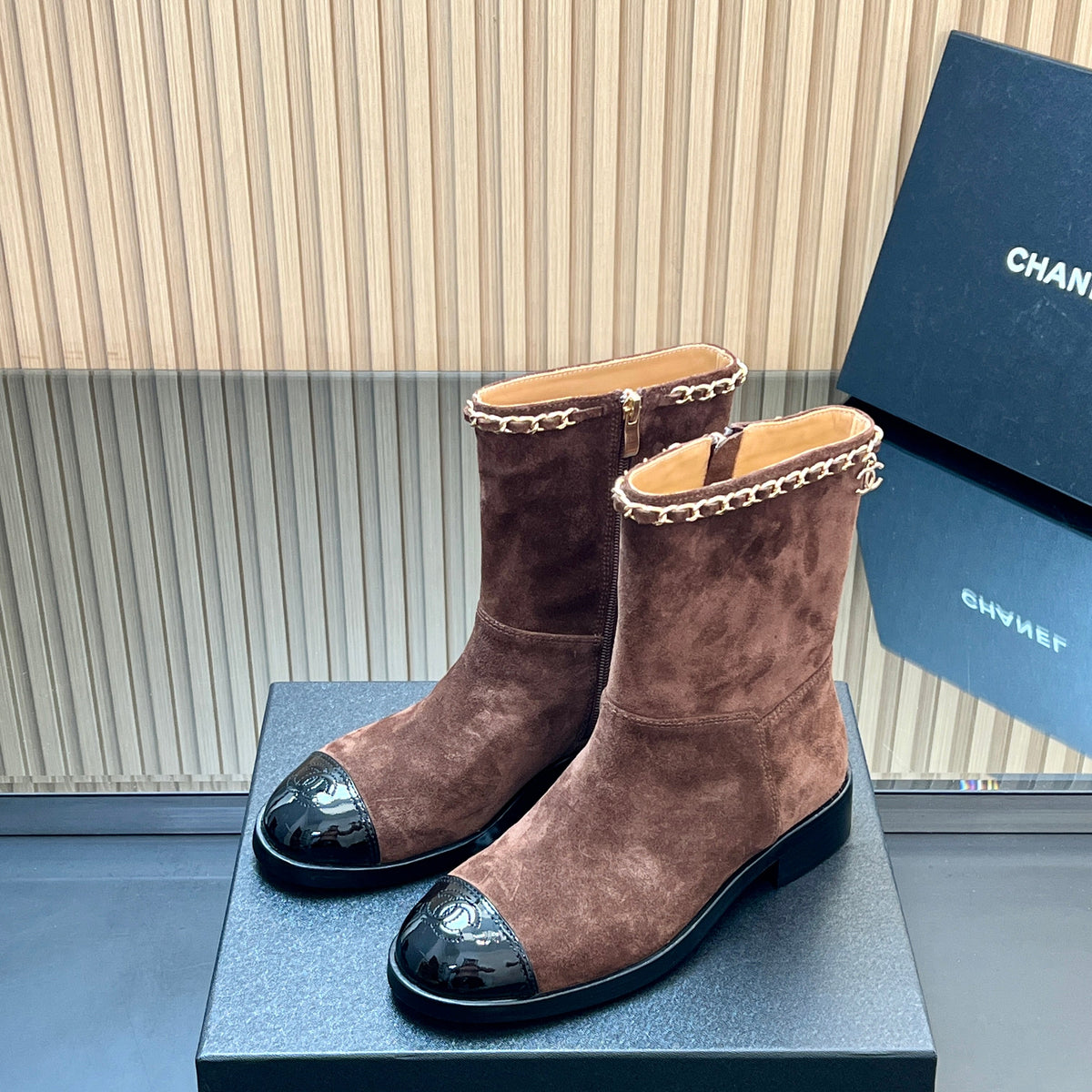 Chanel 25S Short Boots with Chain in Dark Brown Suede