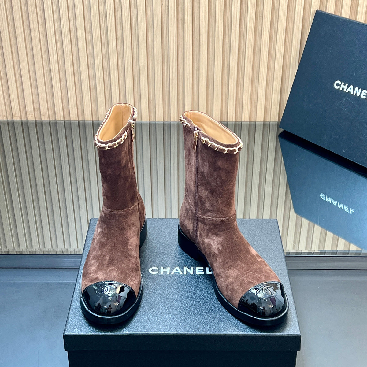 Chanel 25S Short Boots with Chain in Dark Brown Suede