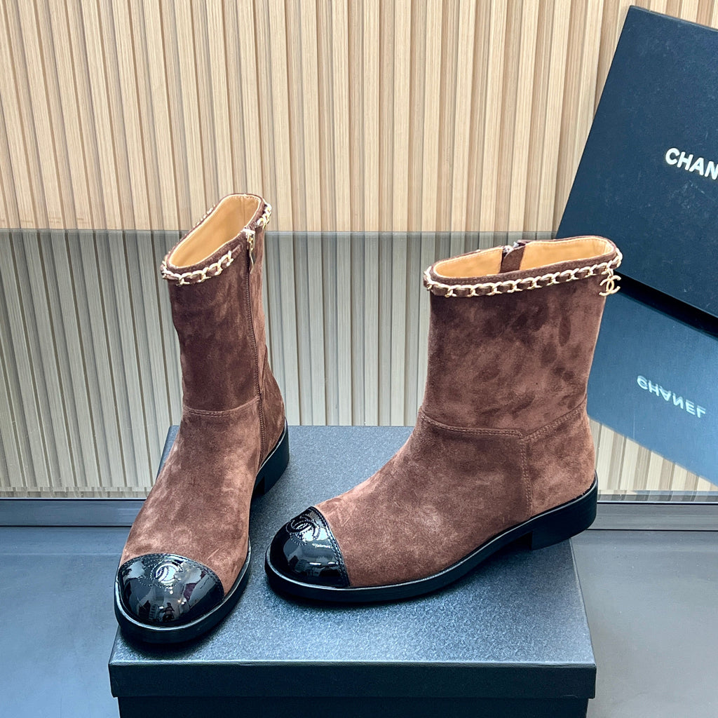 Chanel 25S Short Boots with Chain in Dark Brown Suede