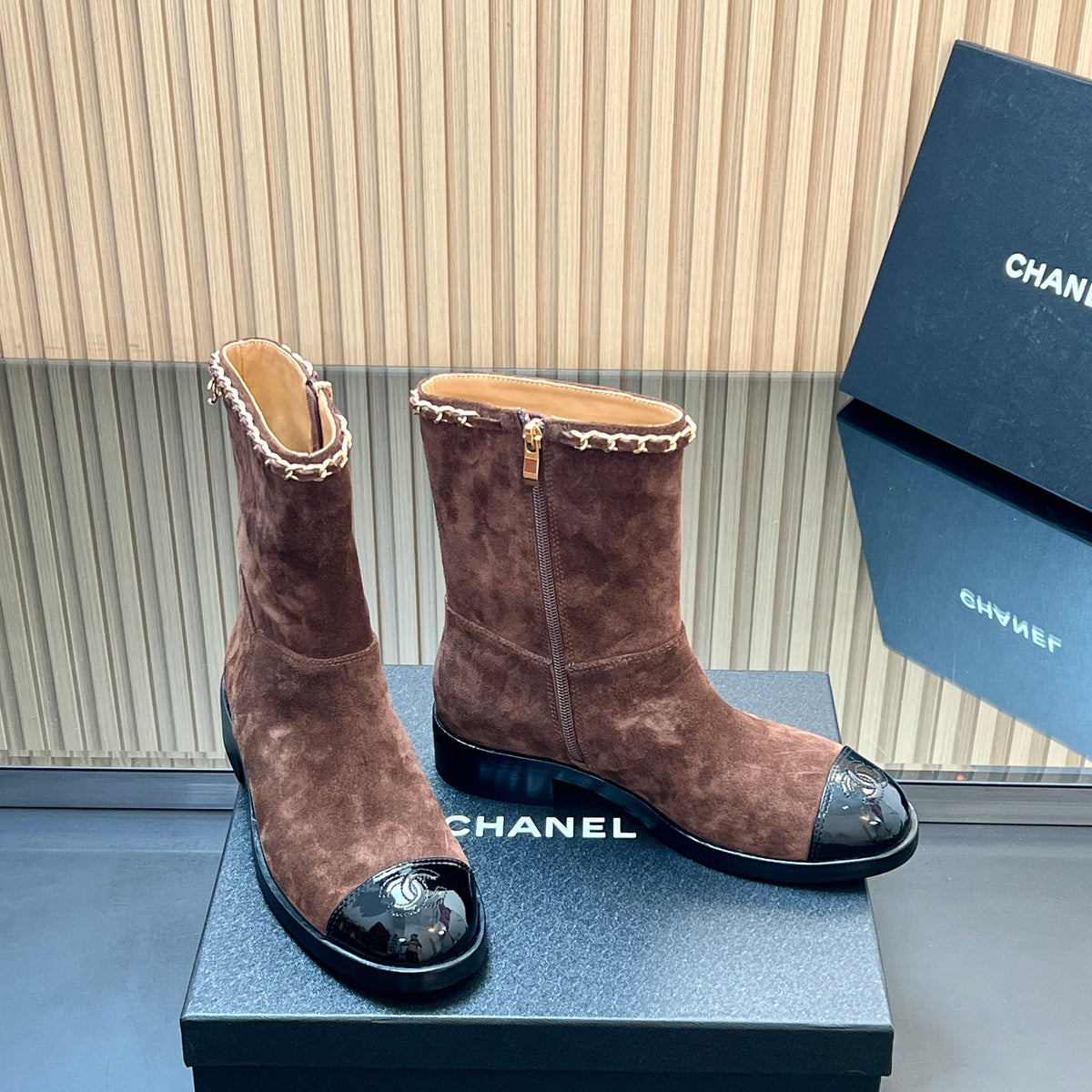 Chanel 25S Short Boots with Chain in Dark Brown Suede