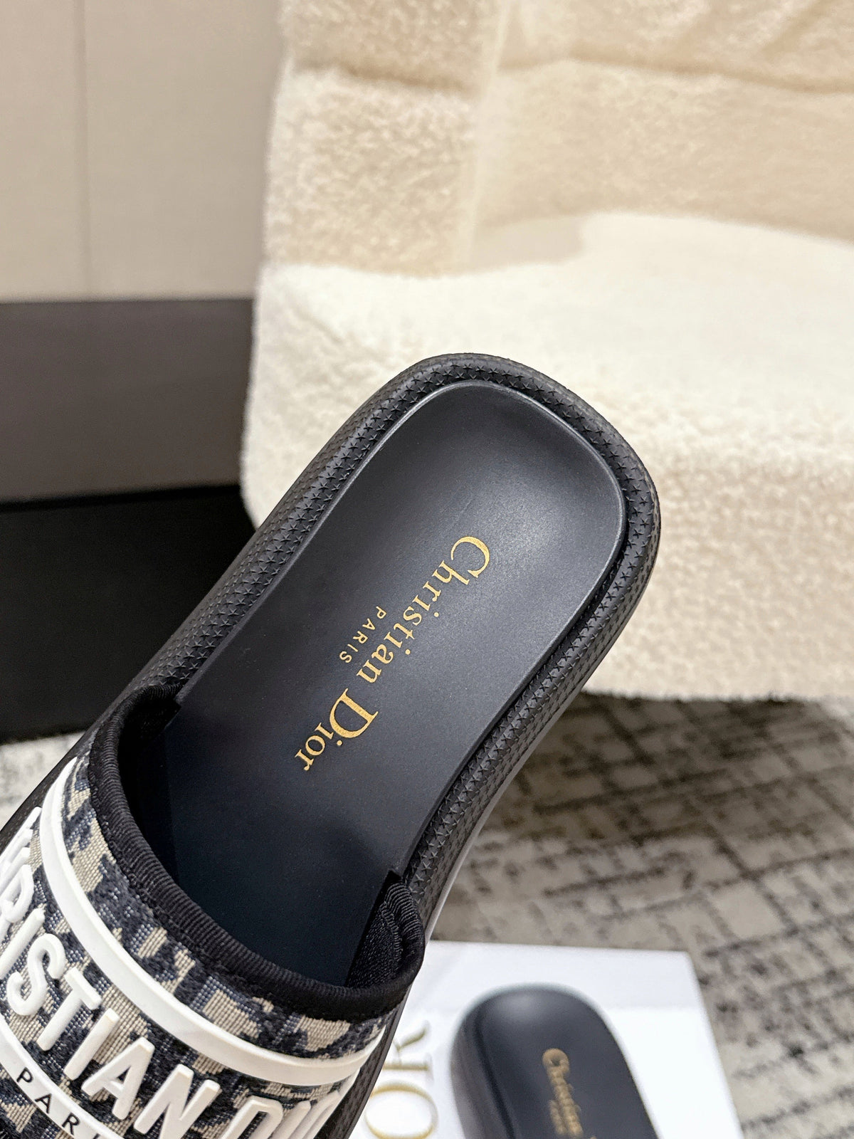 Dior Slides 25S in Black Lambskin and Fabirc with Brand Logo Style 3