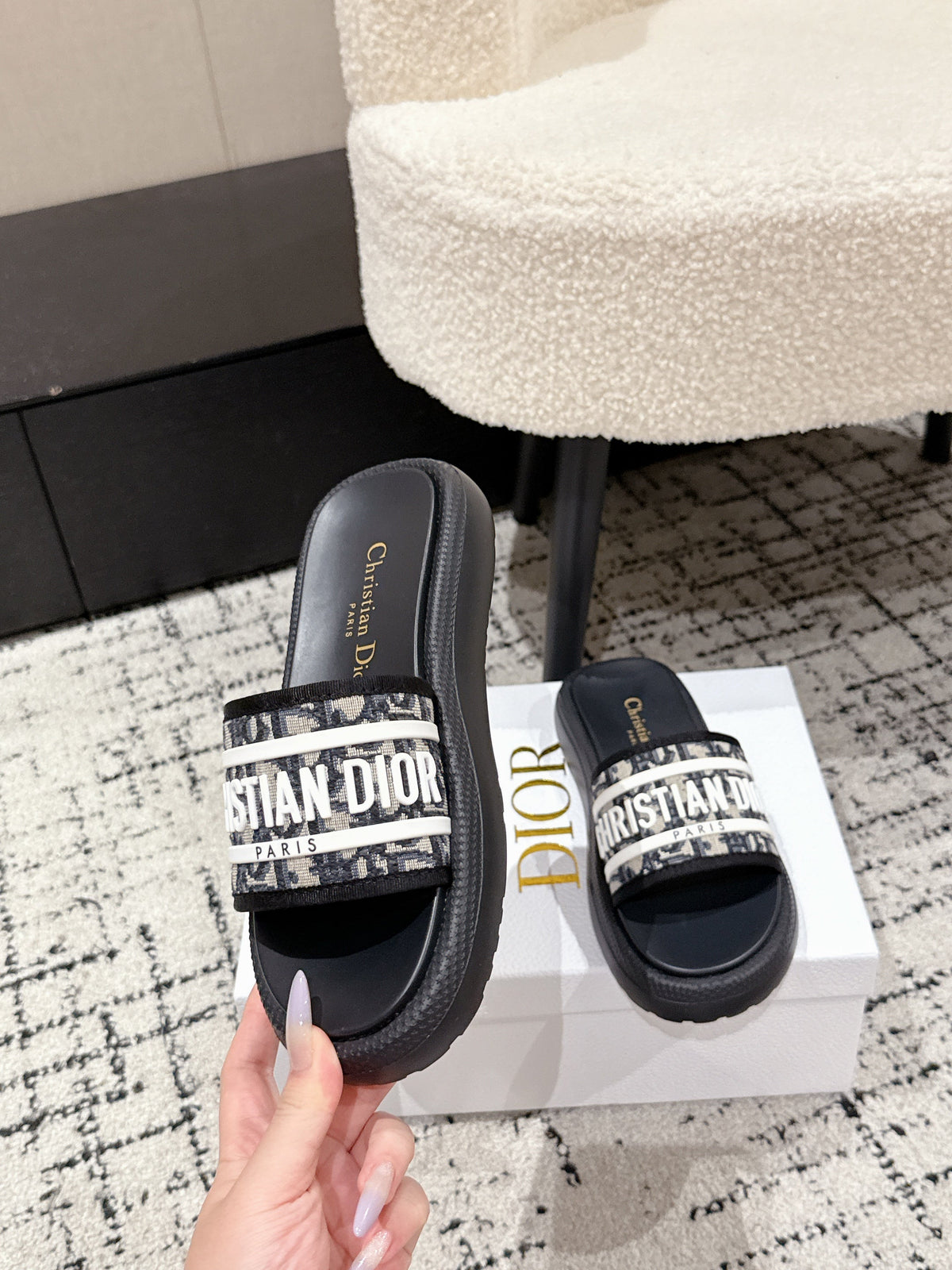 Dior Slides 25S in Black Lambskin and Fabirc with Brand Logo Style 3