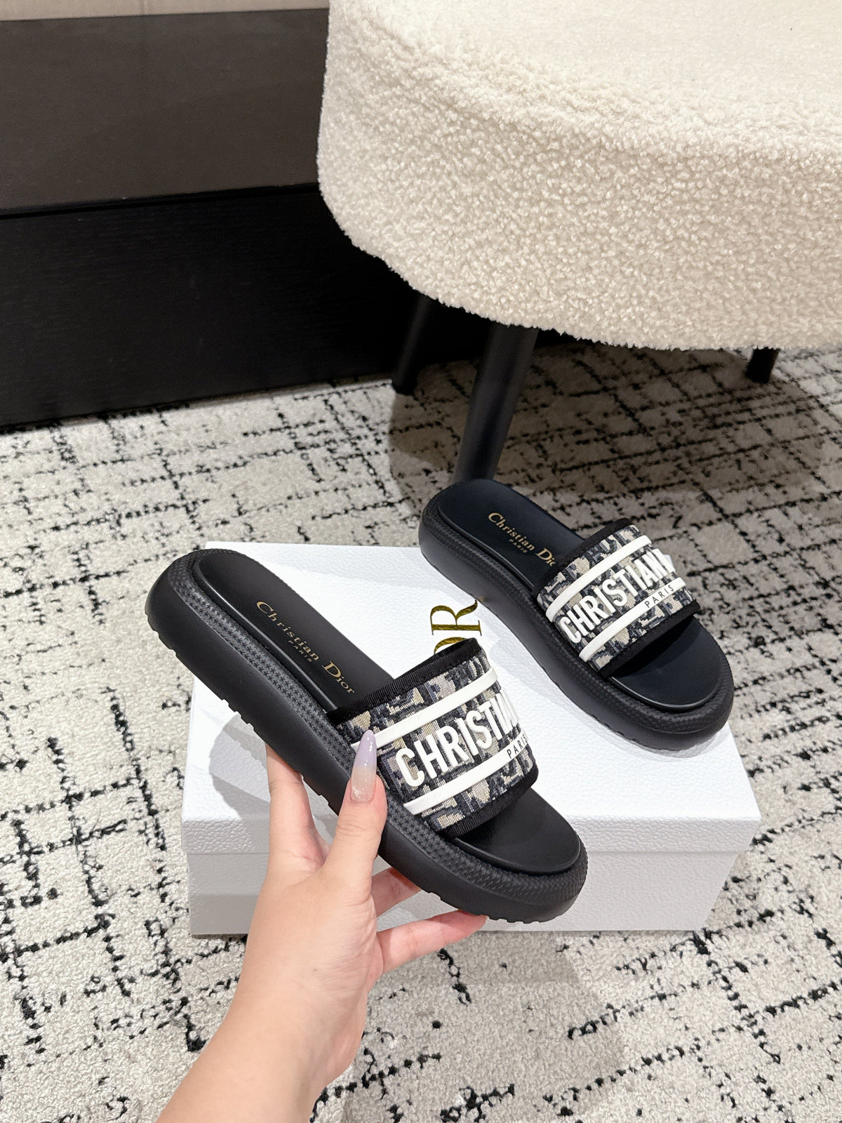 Dior Slides 25S in Black Lambskin and Fabirc with Brand Logo Style 3