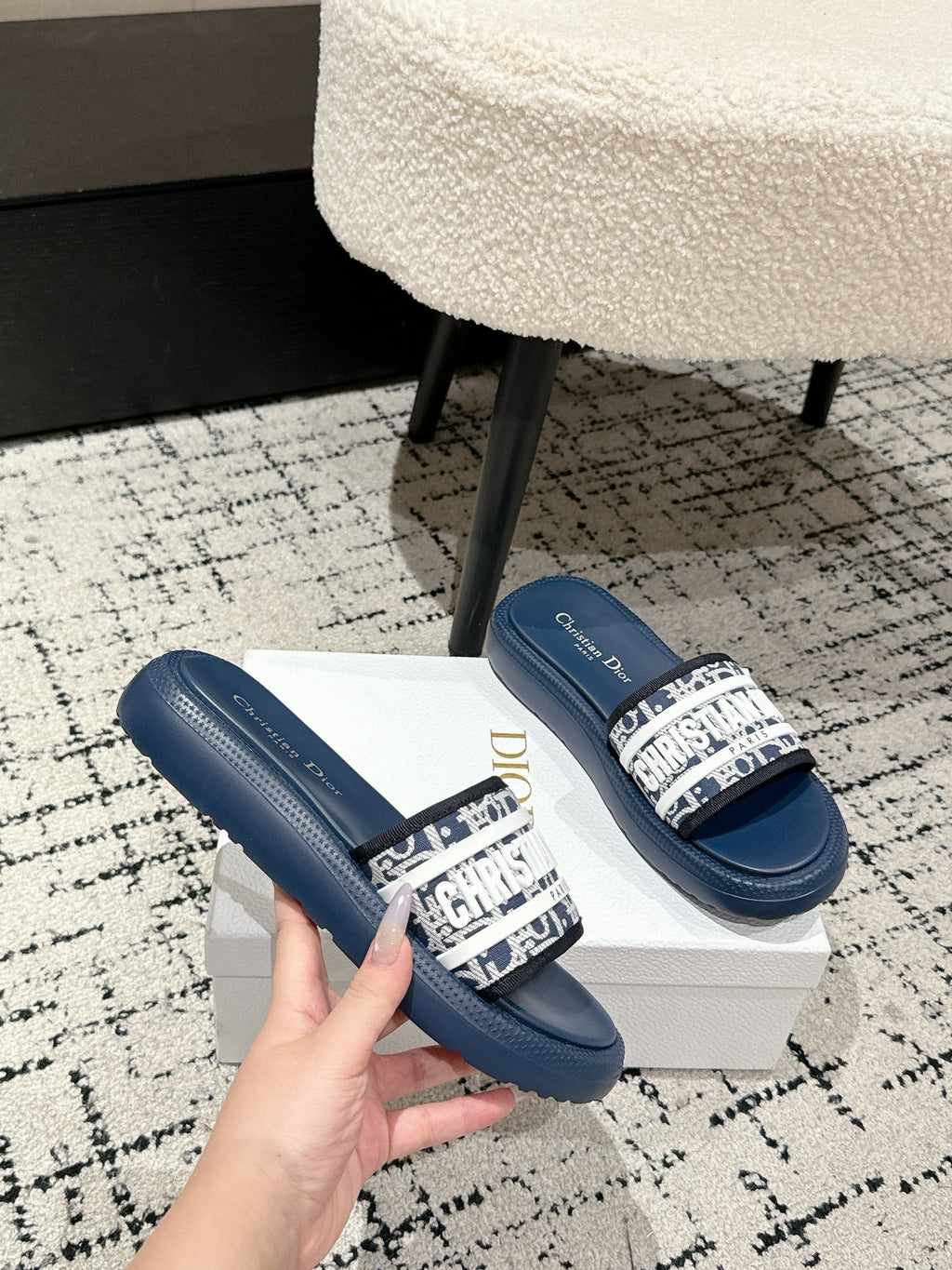 Dior Slides 25S in Dusty Navy Blue Lambskin and Fabirc with Brand Logo Style 2