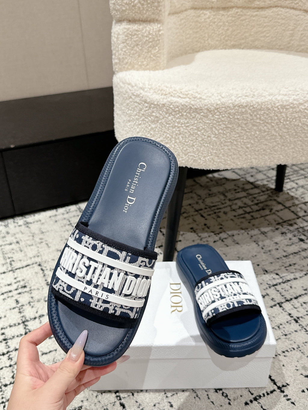 Dior Slides 25S in Dusty Navy Blue Lambskin and Fabirc with Brand Logo Style 2