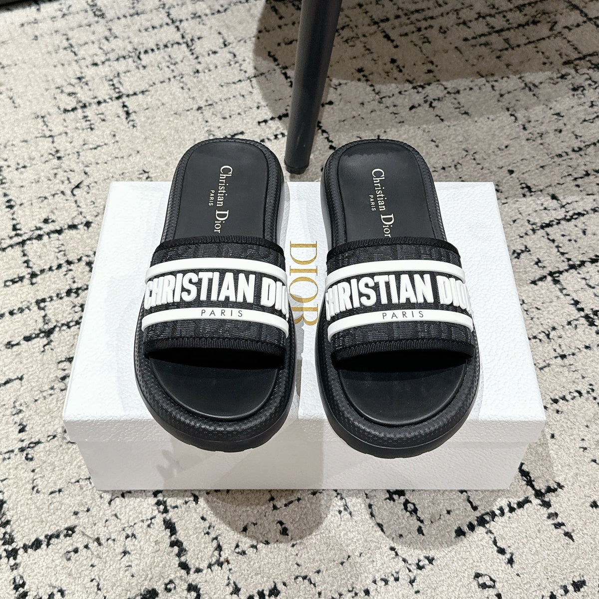 Dior Slides 25S in Black Lambskin and Fabirc with Brand Logo Style 1