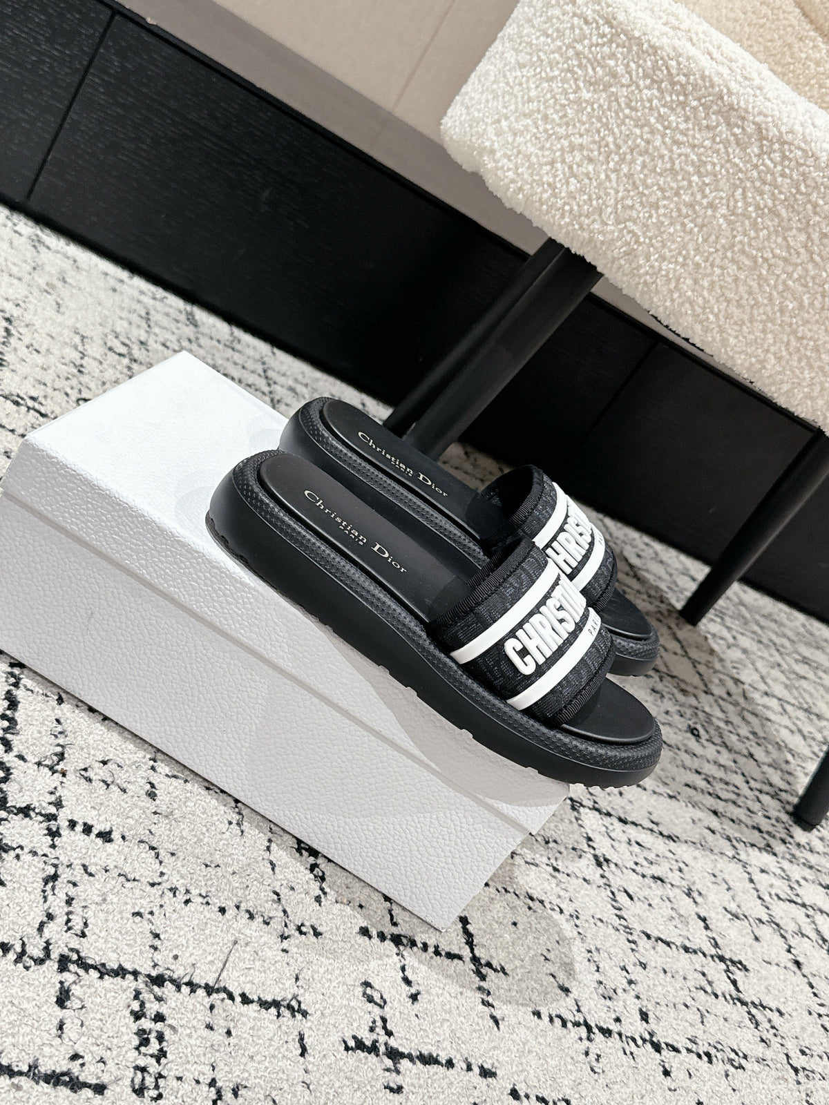 Dior Slides 25S in Black Lambskin and Fabirc with Brand Logo Style 1