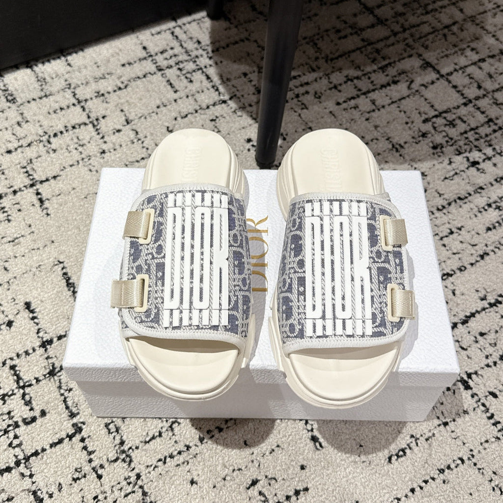 Dior Adjustable Strap Sandals 25S 50 mm in Cream Grey Fabric Mix White Calfskin Style 3