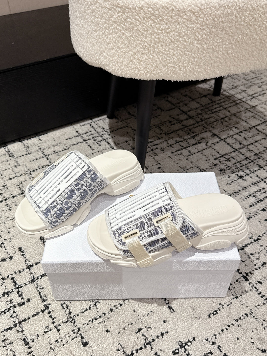Dior Adjustable Strap Sandals 25S 50 mm in Cream Grey Fabric Mix White Calfskin Style 3