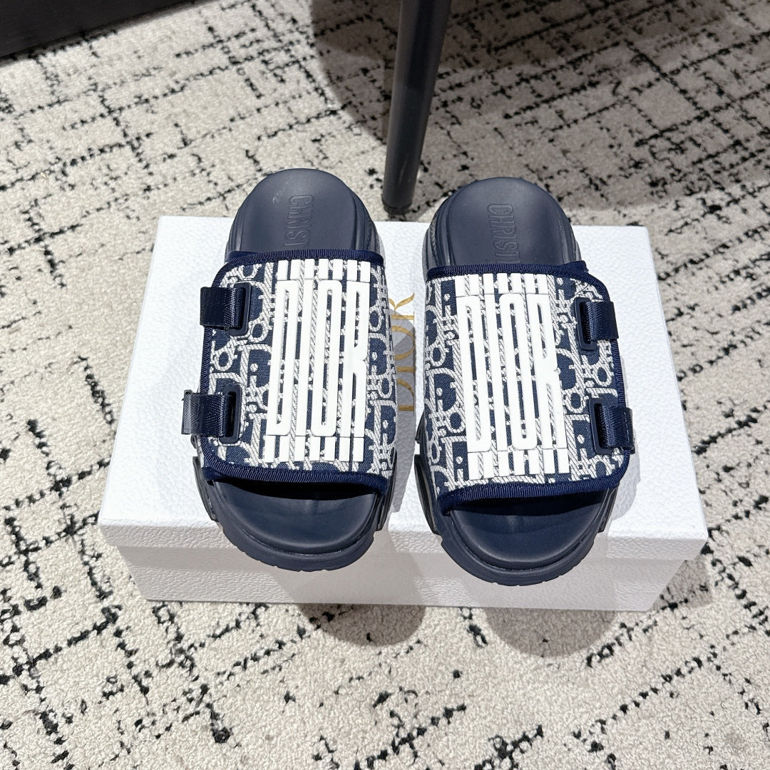 Dior Adjustable Strap Sandals 25S 50 mm in Navy Blue Fabric Mix Calfskin Style 2