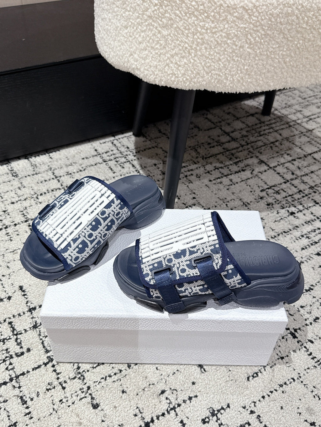 Dior Adjustable Strap Sandals 25S 50 mm in Navy Blue Fabric Mix Calfskin Style 2