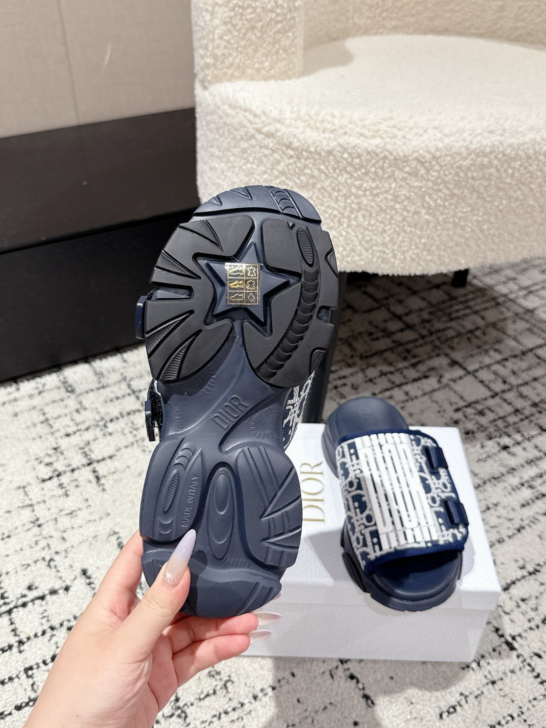 Dior Adjustable Strap Sandals 25S 50 mm in Navy Blue Fabric Mix Calfskin Style 2