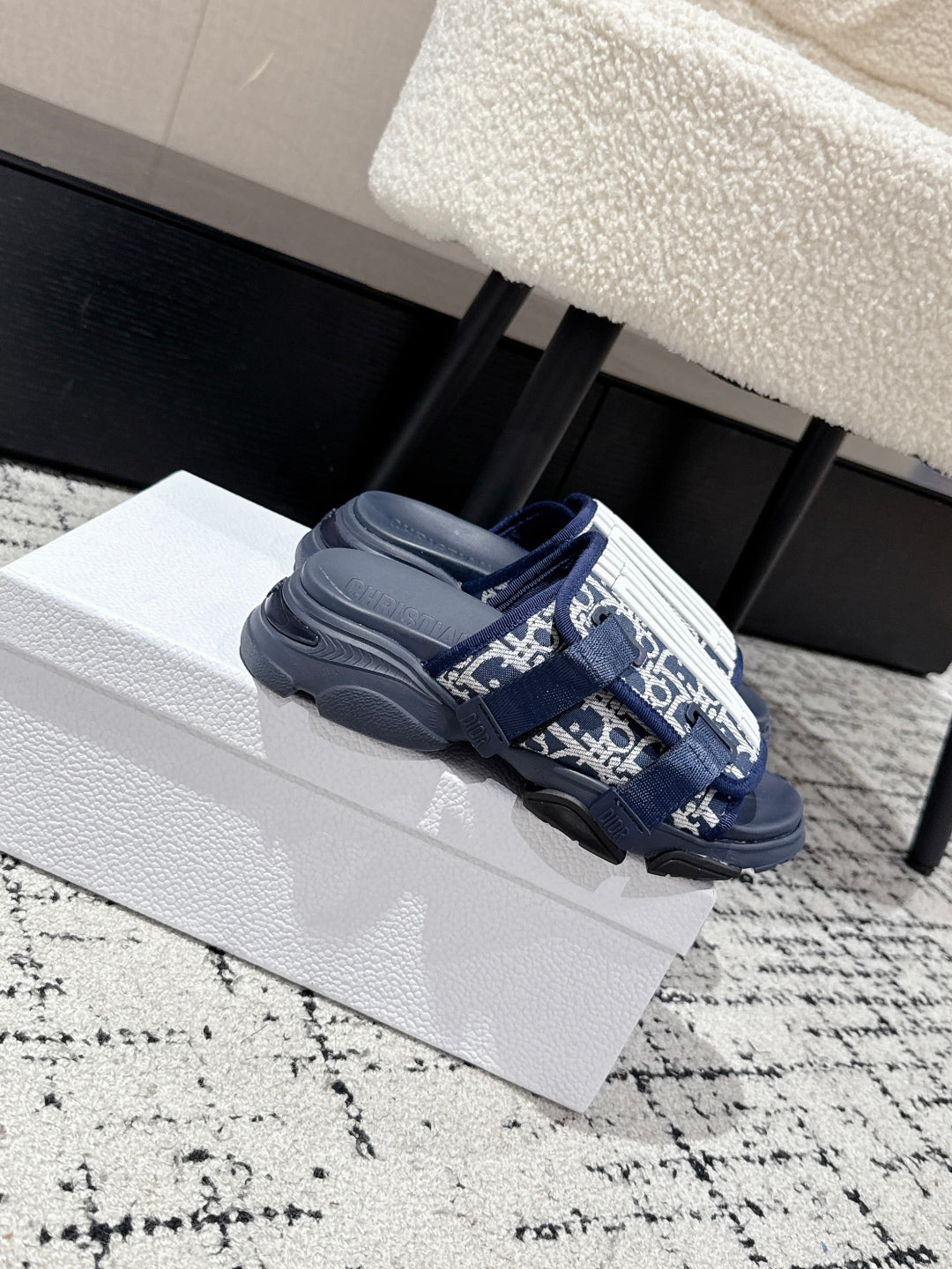 Dior Adjustable Strap Sandals 25S 50 mm in Navy Blue Fabric Mix Calfskin Style 2