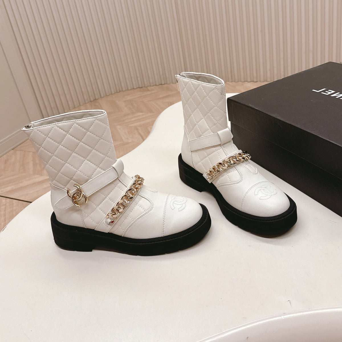 Chanel Ankle Boots 25S in White Lambskin with Gold Hardware