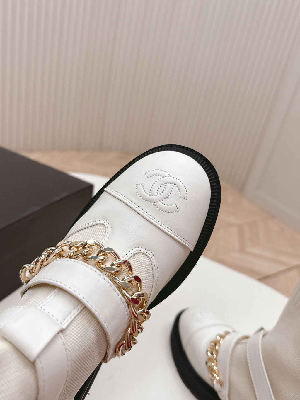 Chanel Ankle Boots 25S in Cream White Lambskin and Fabric with Gold Hardware