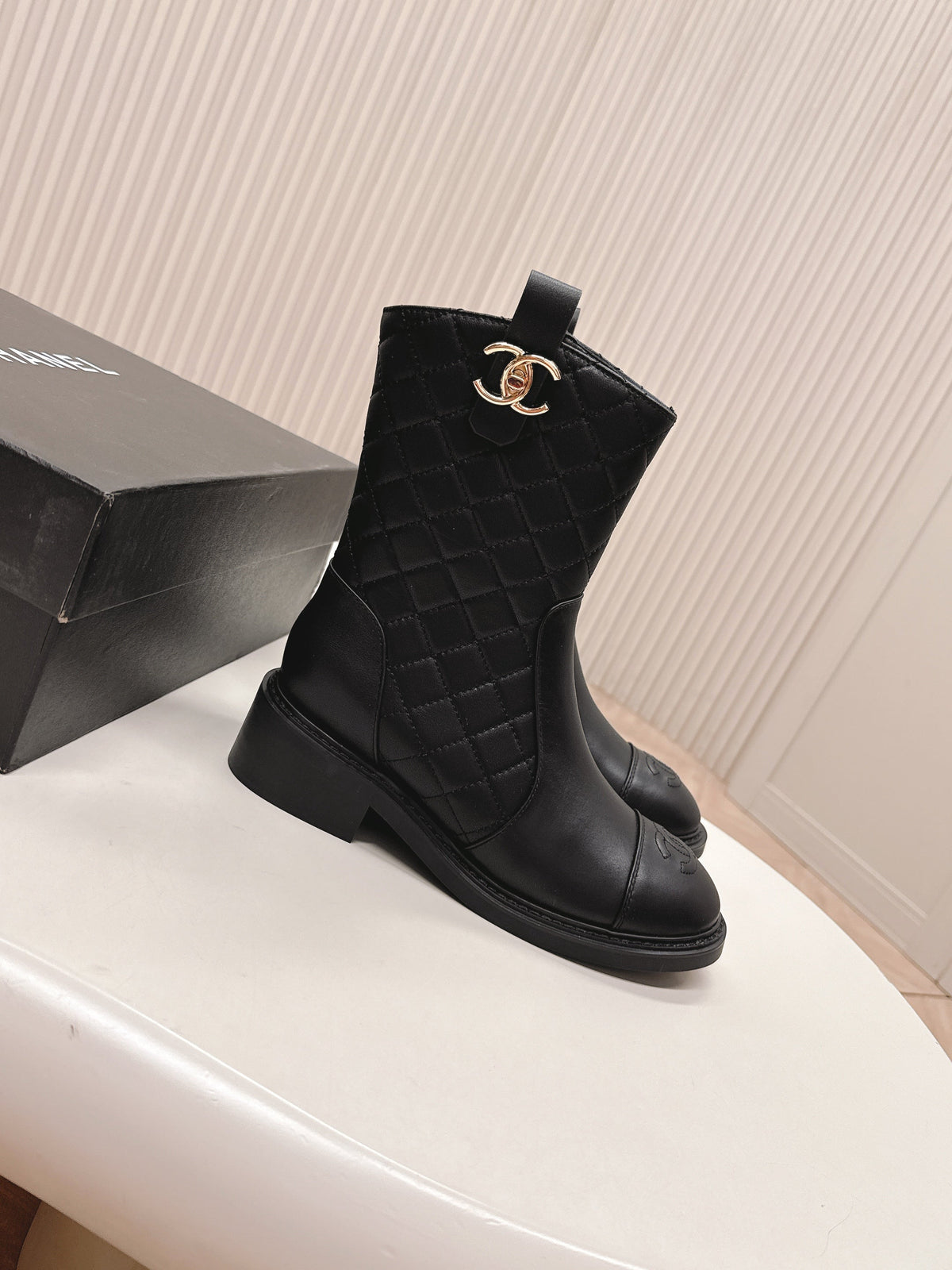 Chanel Ankle Boots 25S in Black Lambskin with Gold Hardware