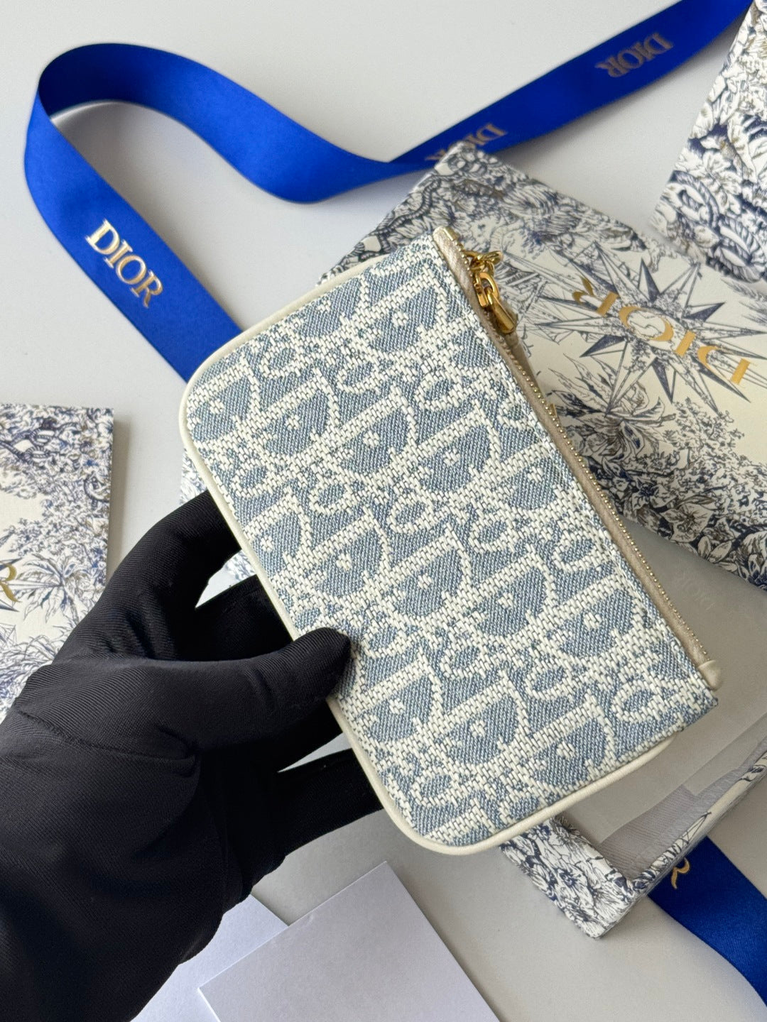 Dior 25S Travel Myrte Zipped Key Case 14 in Blue Oblique Jacquard Canvas