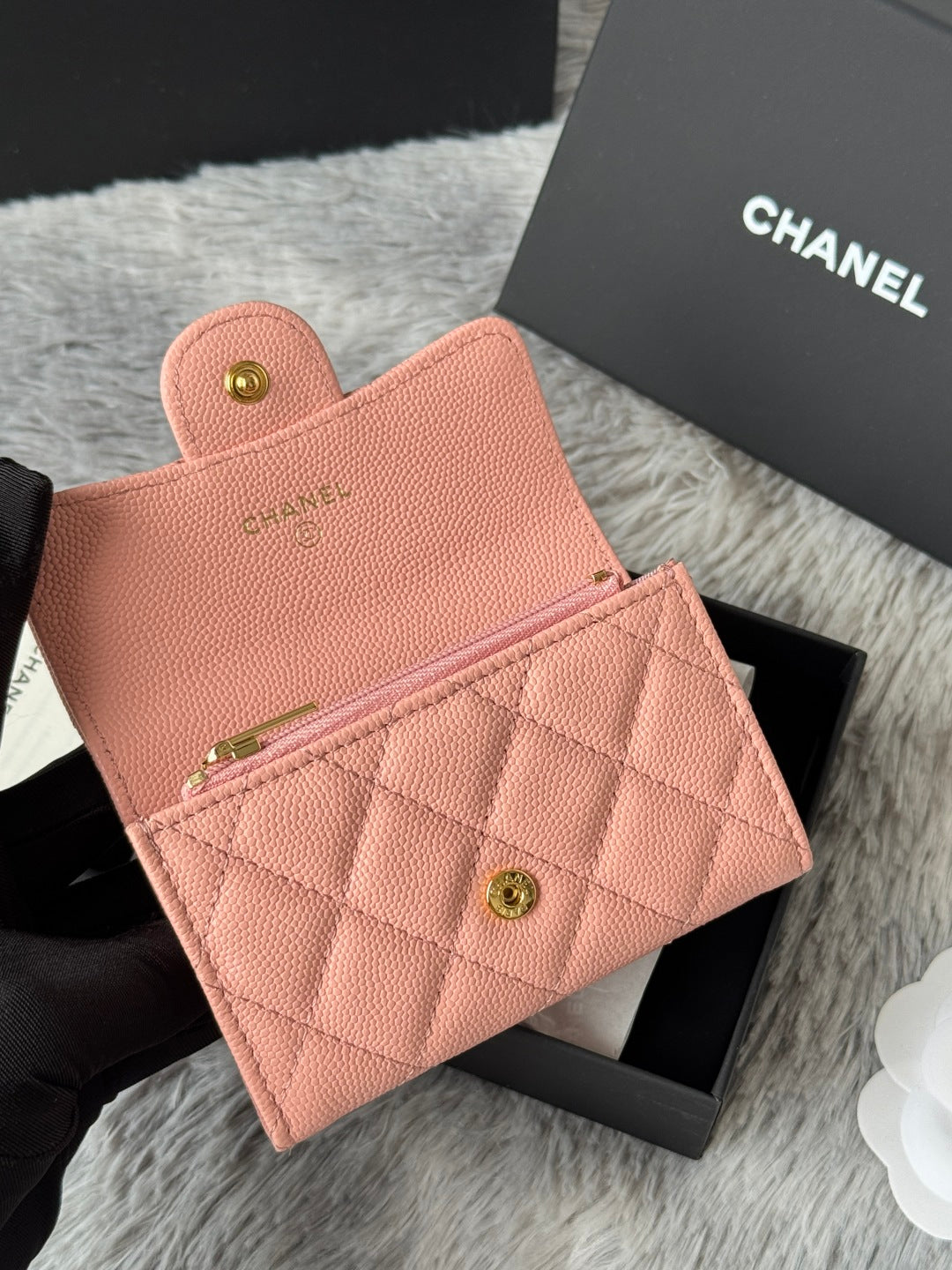 Chanel 25S Classic Flap Card Holder 11 in Peach Pink Caviar Gold Hardware
