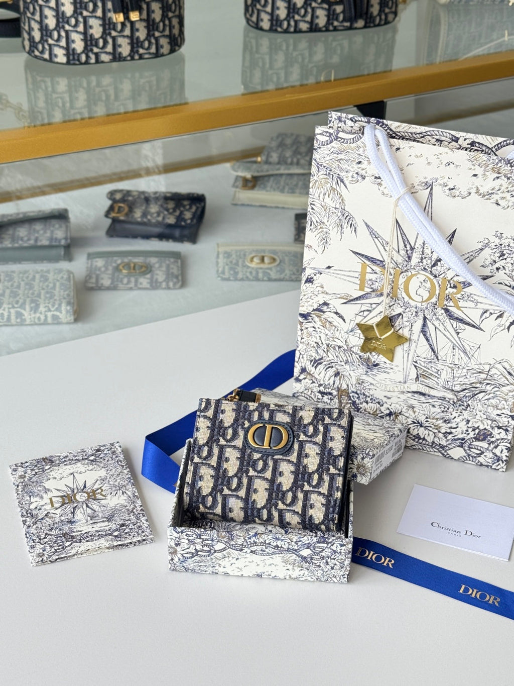 Chanel Dior 25S 30 Montaigne Dahlia Wallet 11 in Blue Dior Oblique Jacquard