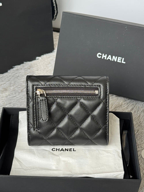 Chanel 25S Cf Small Tri Fold Wallet 11 in Black Lambskin Silver Hardware