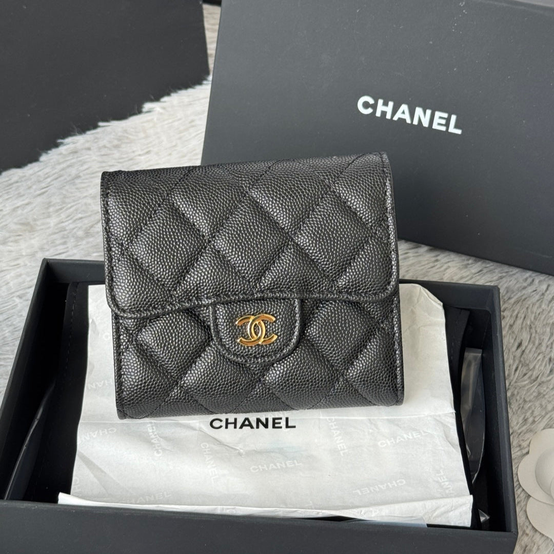 Chanel 25S Cf Small Tri Fold Wallet 11 in Black Caviar Gold Hardware
