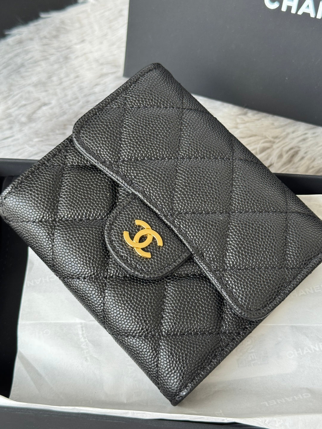 Chanel 25S Cf Small Tri Fold Wallet 11 in Black Caviar Gold Hardware