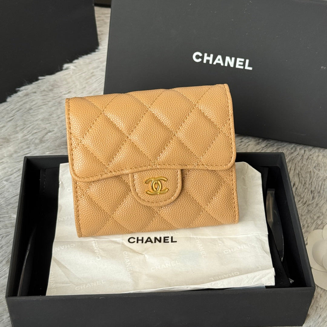 Chanel 25S Cf Small Tri Fold Wallet 11 in Golden Caramel Caviar Gold Hardware