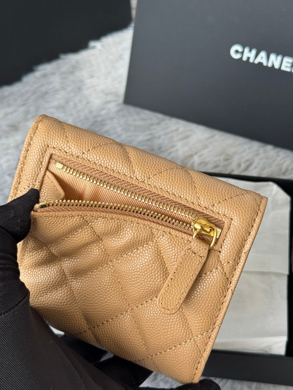 Chanel 25S Cf Small Tri Fold Wallet 11 in Golden Caramel Caviar Gold Hardware