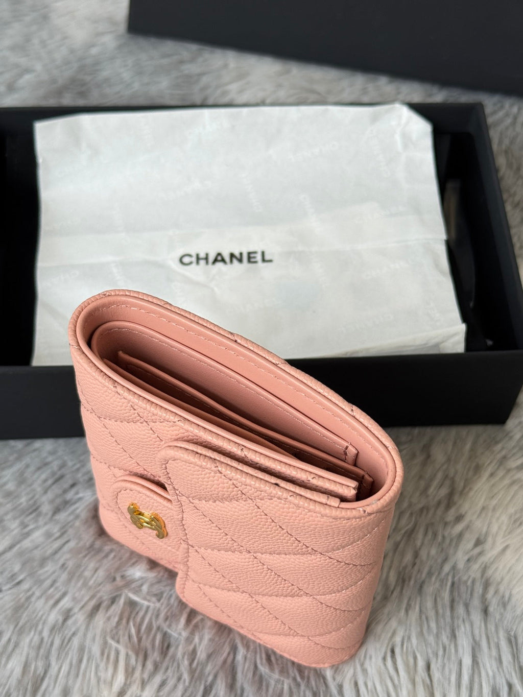 Chanel 25S Cf Small Tri Fold Wallet 11 in Peach Pink Caviar Gold Hardware