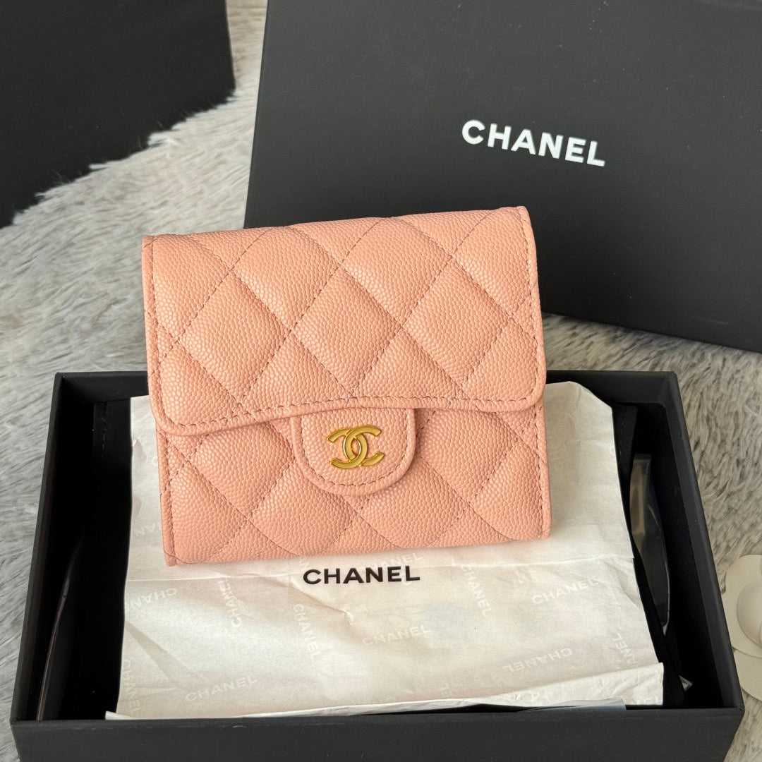 Chanel 25S Cf Small Tri Fold Wallet 11 in Peach Pink Caviar Gold Hardware