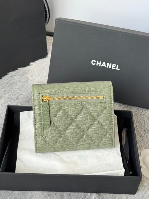 Chanel 25S Cf Small Tri Fold Wallet 11 in Moss Green Caviar Gold Hardware