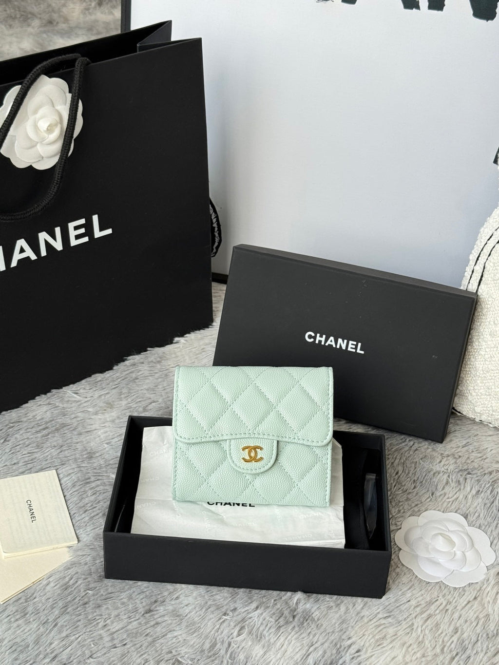 Chanel 25S Cf Small Tri Fold Wallet 11 in Soft Mint Caviar Gold Hardware