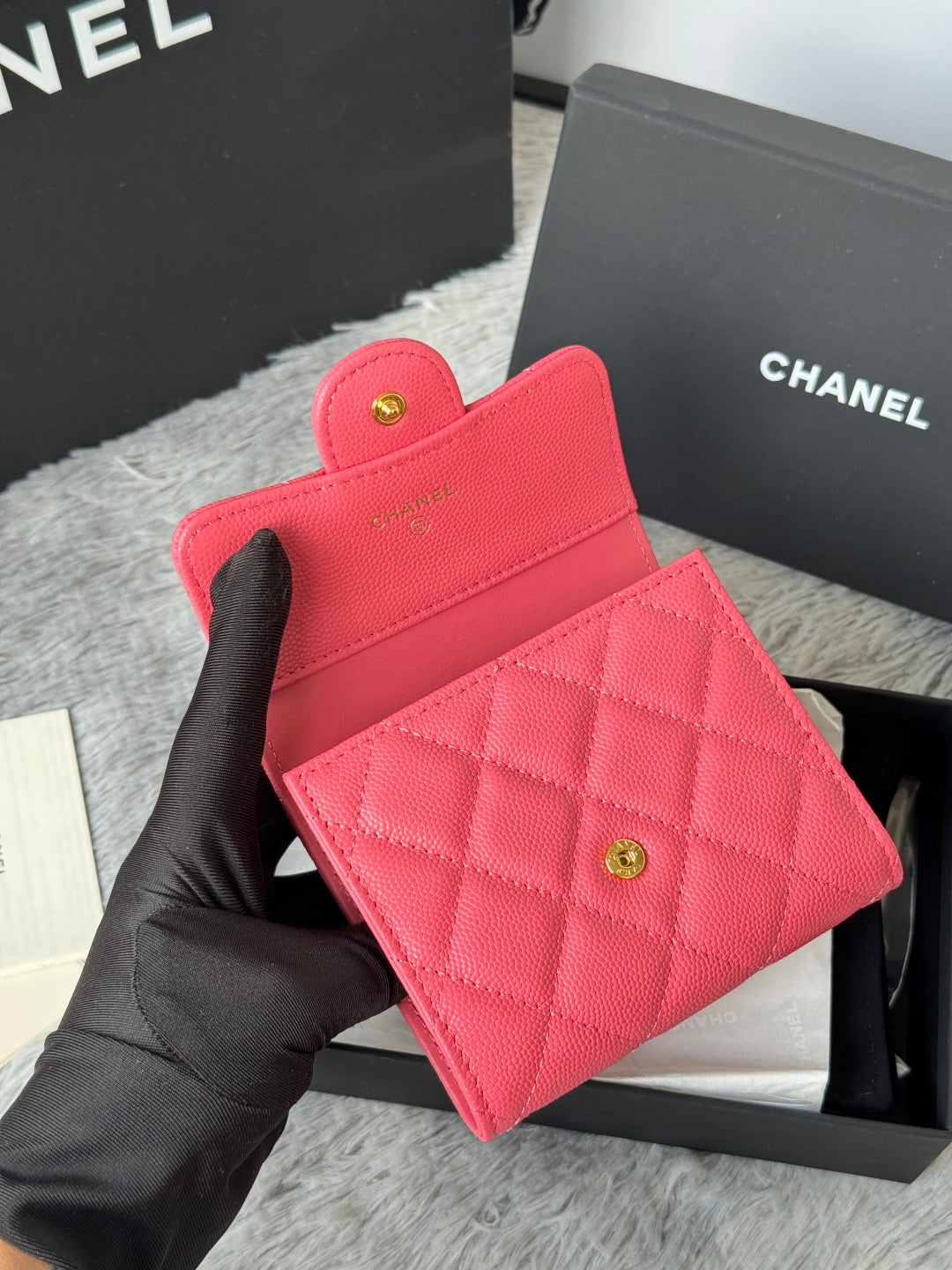 Chanel 25S Cf Small Tri Fold Wallet 11 in Watermelon Caviar Gold Hardware