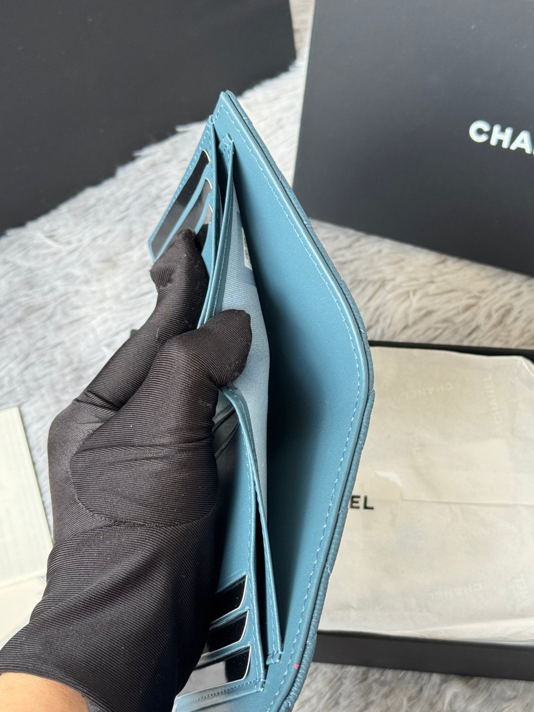 Chanel 25S Cf Small Tri Fold Wallet 11 in Slate Blue Caviar Gold Hardware