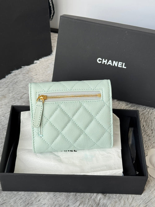 Chanel 25S Cf Small Tri Fold Wallet 11 in Soft Mint Caviar Gold Hardware